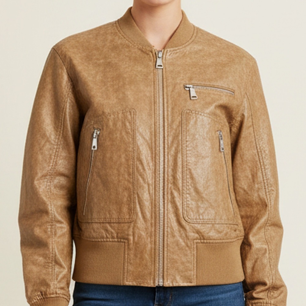 Apparis NWT Vegan Leather Bomber Jacket Dun Camel Tan Zip Front Women M